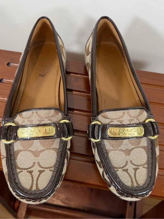Coach Shoes - Coach Beige Khaki Signature Canvas Loafers with Dark Brown Trim Size 7